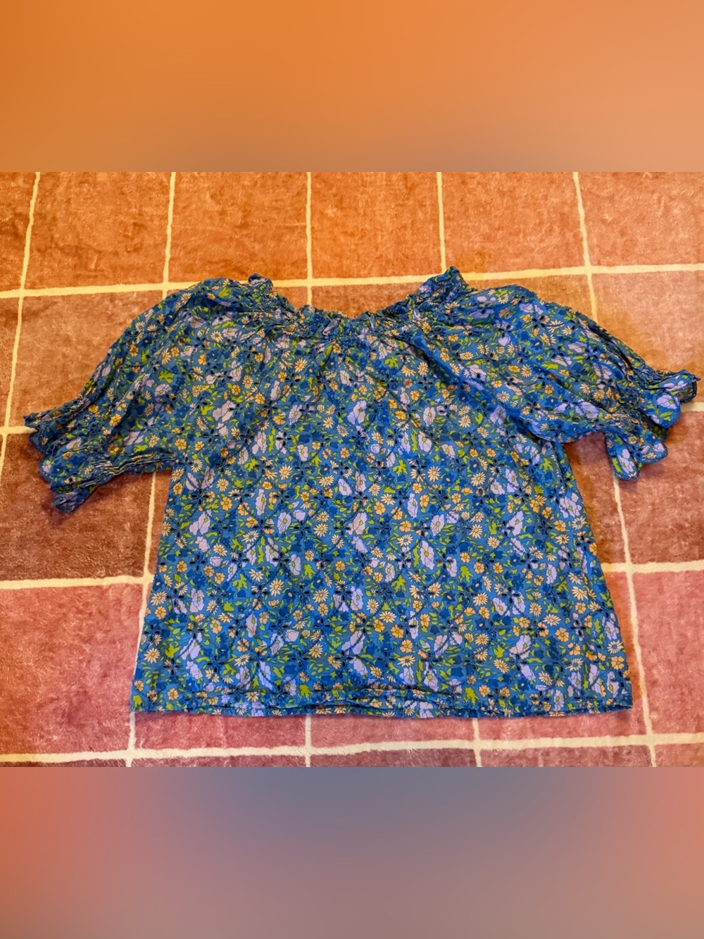 Women’s Blue Floral Off-Shoulder Blouse with Puff Sleeves